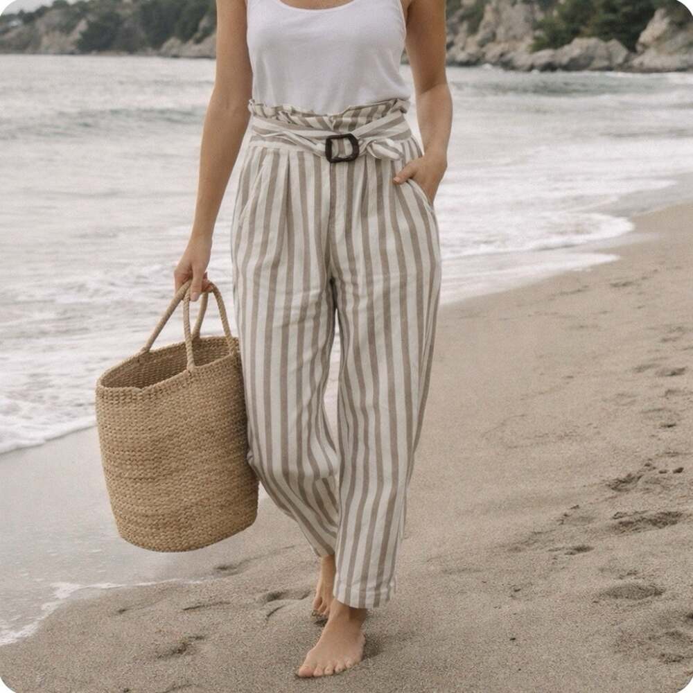 Anthropologie Sz 12 High Waisted Linen Bltd Tapered Tan White Stripe Ankle Pants
